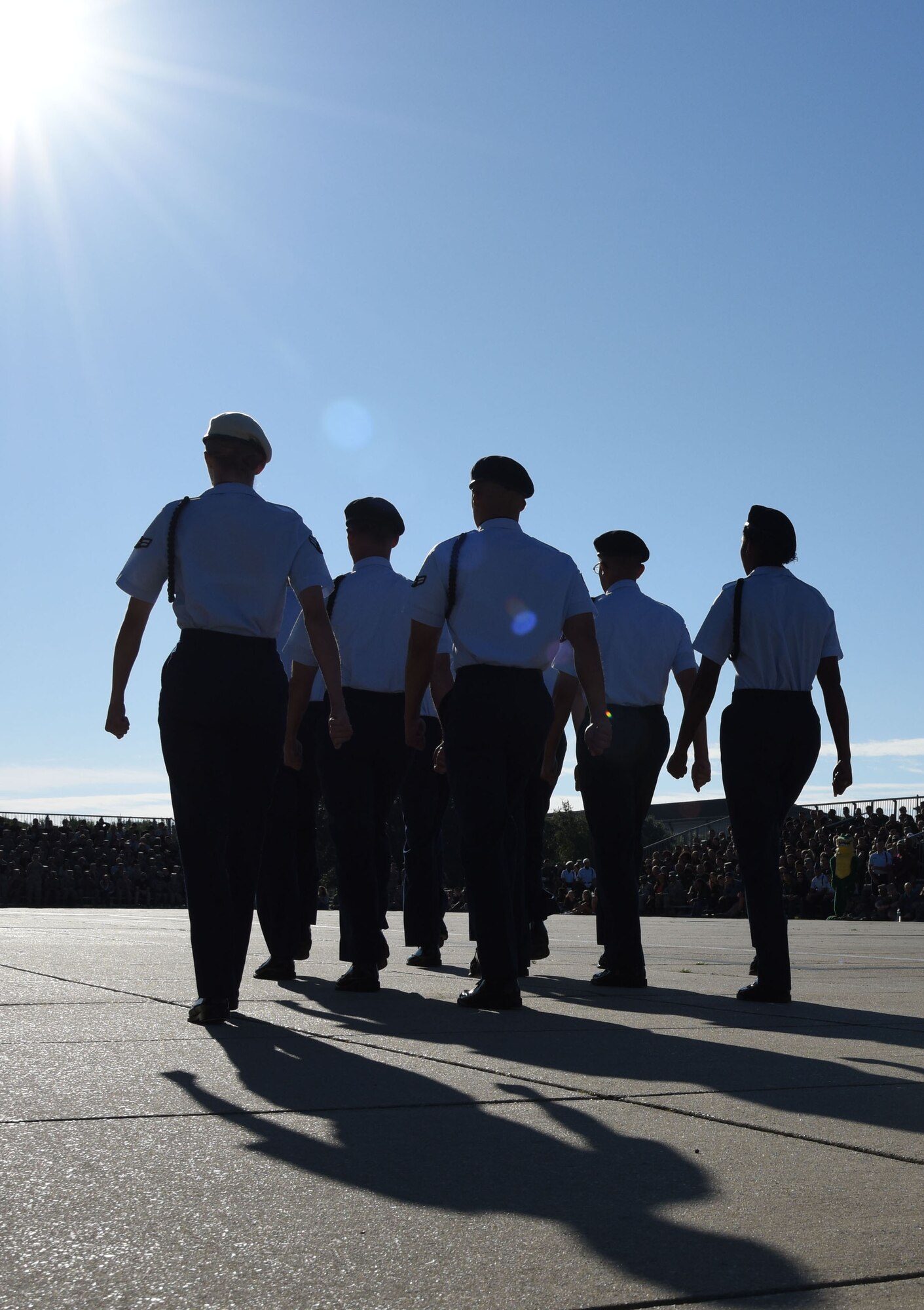 Members of the 336th Training Squadron regulation drill team perform during the 81st Training Group drill down on the Levitow Training Support Facility drill pad Sept. 8, 2017, on Keesler Air Force Base, Mississippi. Airmen from the 81st TRG competed in a quarterly open ranks inspection, regulation drill routine and freestyle drill routine. The 334th TRS “Gators” took first place this quarter. (U.S. Air Force photo by Kemberly Groue)