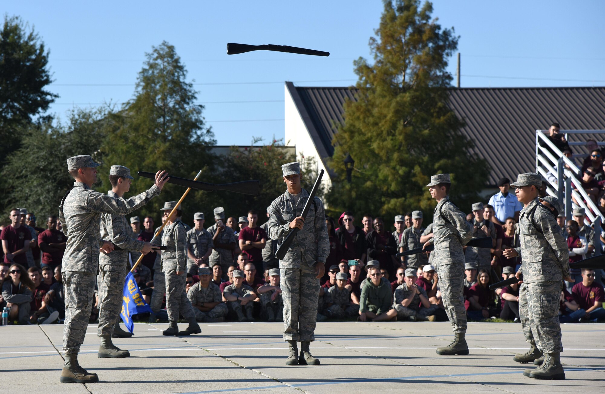 Members of the 336th Training Squadron freestyle drill team perform during the 81st Training Group drill down on the Levitow Training Support Facility drill pad Sept. 8, 2017, on Keesler Air Force Base, Mississippi. Airmen from the 81st TRG competed in a quarterly open ranks inspection, regulation drill routine and freestyle drill routine. The 334th TRS “Gators” took first place this quarter. (U.S. Air Force photo by Kemberly Groue)