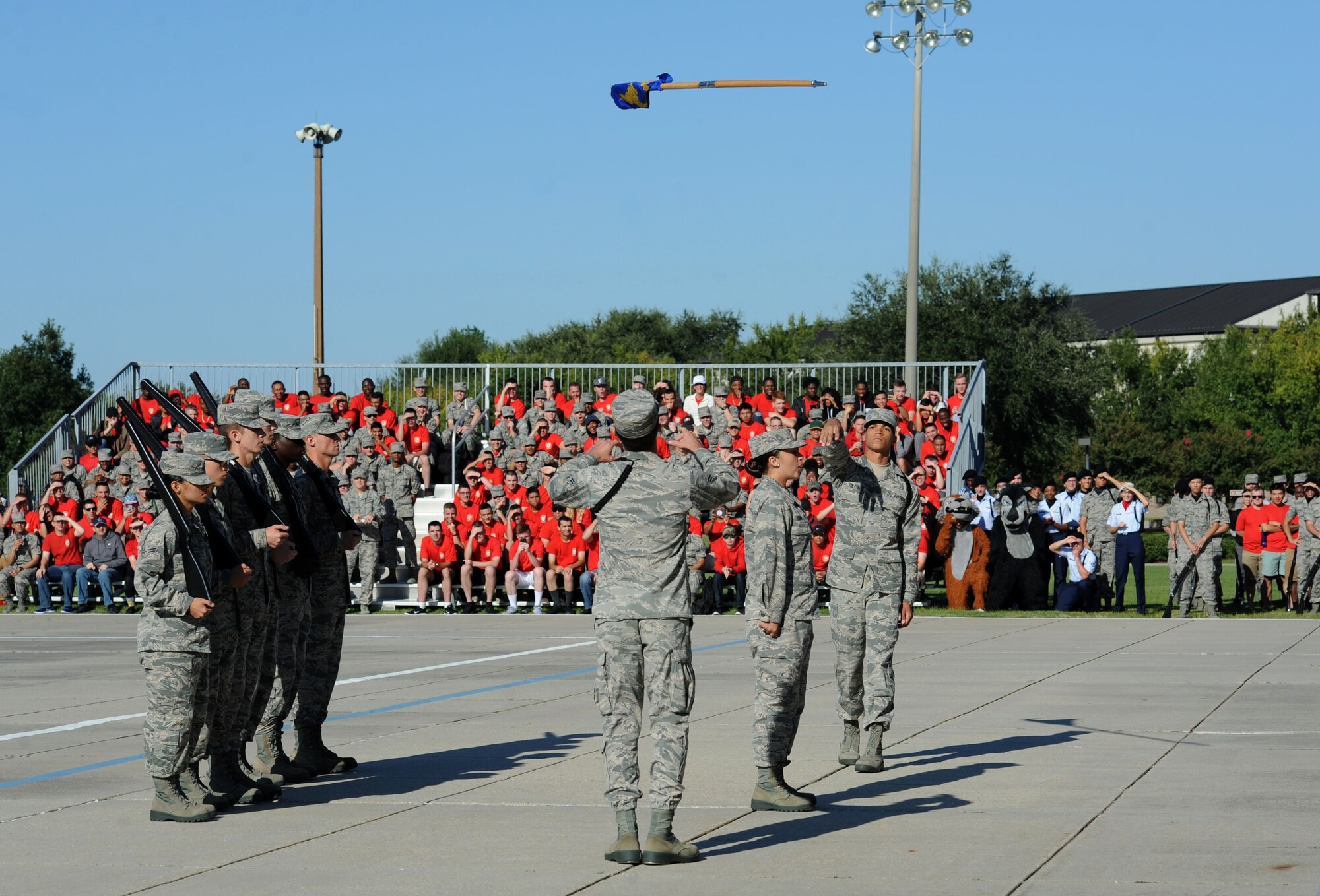 Members of the 336th Training Squadron freestyle drill team perform during the 81st Training Group drill down on the Levitow Training Support Facility drill pad Sept. 8, 2017, on Keesler Air Force Base, Mississippi. Airmen from the 81st TRG competed in a quarterly open ranks inspection, regulation drill routine and freestyle drill routine. The 334th TRS “Gators” took first place this quarter. (U.S. Air Force photo by Kemberly Groue)