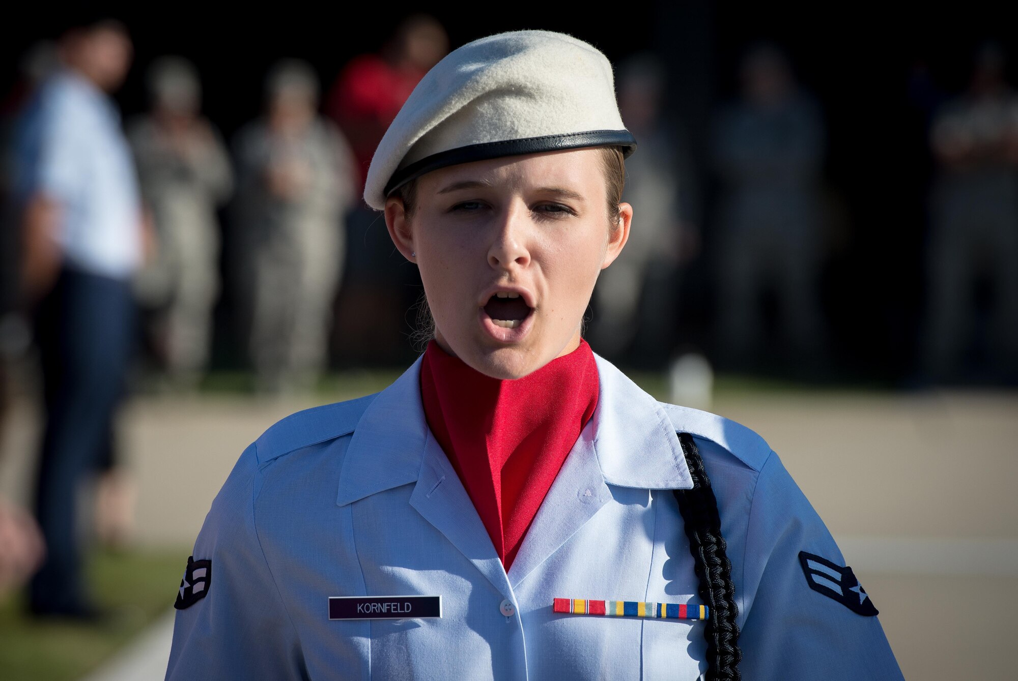 Airman 1st Class Kaleigh Kornfeld, 336th Training Squadron student, leads the regulation drill team during the 81st Training Group drill down at the Levitow Training Support Facility drill pad Sept. 8, 2017, on Keesler Air Force Base, Mississippi. Airmen from the 81st TRG compete in a quarterly open ranks inspection, regulation drill routine and freestyle drill routine. The 334th TRS “Gators” took first place this quarter. (U.S. Air Force photo by Tech. Sgt. Ryan Crane)