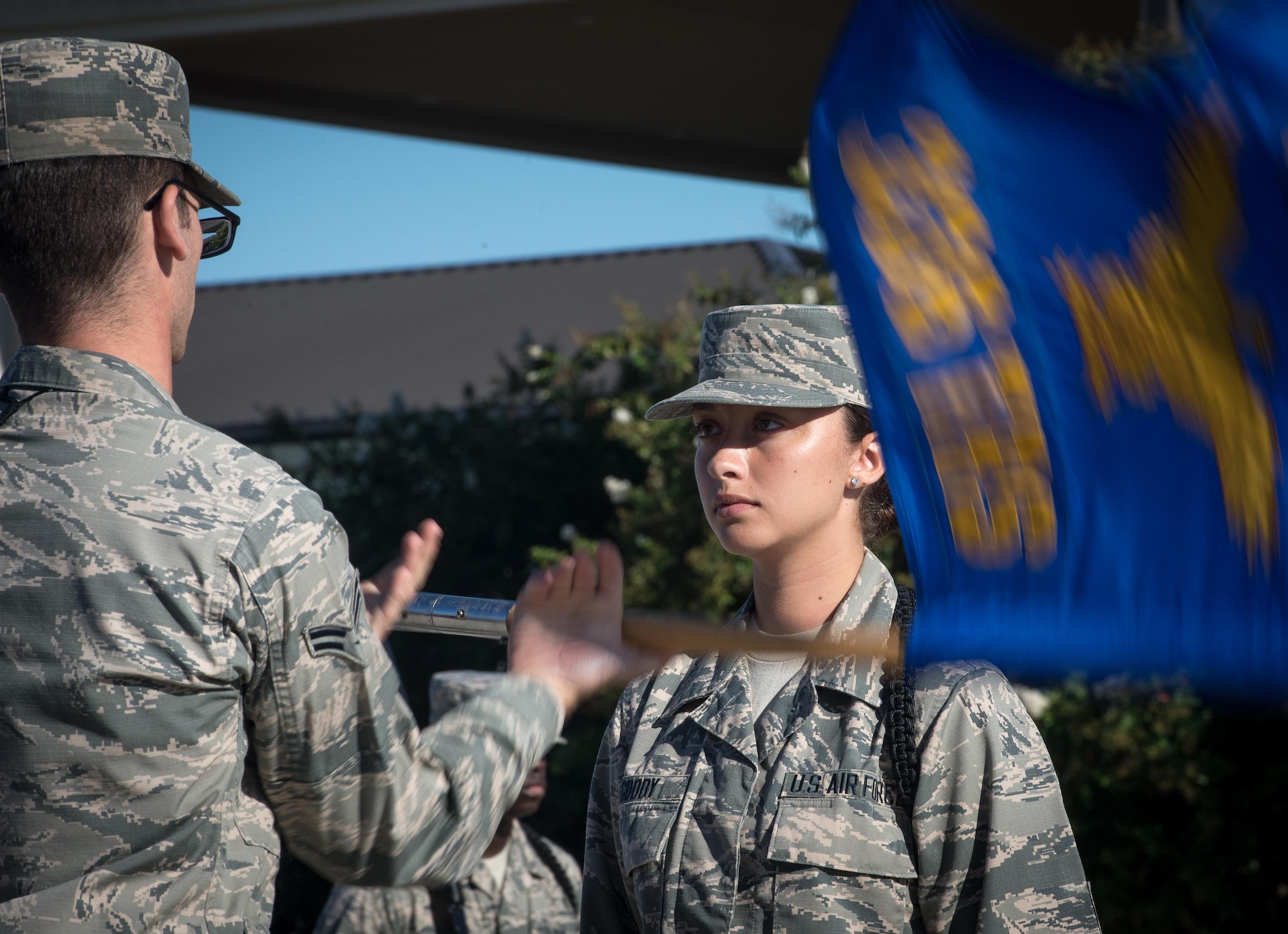 Airman 1st Class Seth Wachman and Airman Basic Kathryn Goody, 336th Training Squadron drill team members, perform during the 81st Training Group drill down at the Levitow Training Support Facility drill pad Sept. 8, 2017, on Keesler Air Force Base, Mississippi. Airmen from the 81st TRG compete in a quarterly open ranks inspection, regulation drill routine and freestyle drill routine. The 334th TRS “Gators” took first place this quarter. (U.S. Air Force photo by Tech. Sgt. Ryan Crane)