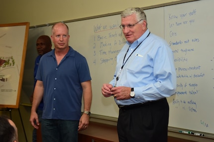 12th Flying Training Wing commander, Col. Joel Carey, center listens as Kenneth Wilson, president and CEO of Haven for Hope addresses members of the wing during a professional development session on HfH's campus near downtown San Antonio, Texas September 7, 2017.  The H4H offers accomodations and full service social work to 2,100 homeless people in Bexar County, Texas.