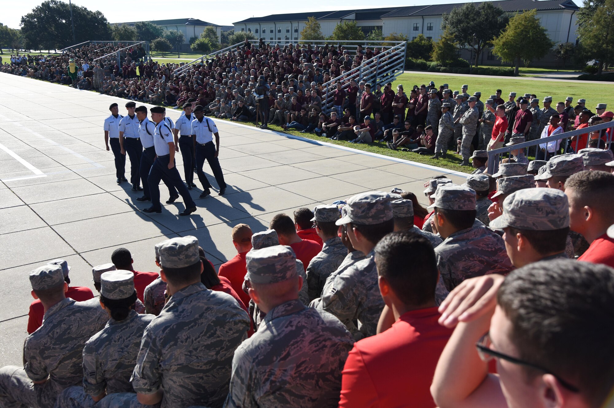 Members of the 338th Training Squadron regulation drill team perform during the 81st Training Group drill down on the Levitow Training Support Facility drill pad Sept. 8, 2017, on Keesler Air Force Base, Mississippi. Airmen from the 81st TRG competed in a quarterly open ranks inspection, regulation drill routine and freestyle drill routine. The 334th TRS “Gators” took first place this quarter. (U.S. Air Force photo by Kemberly Groue)