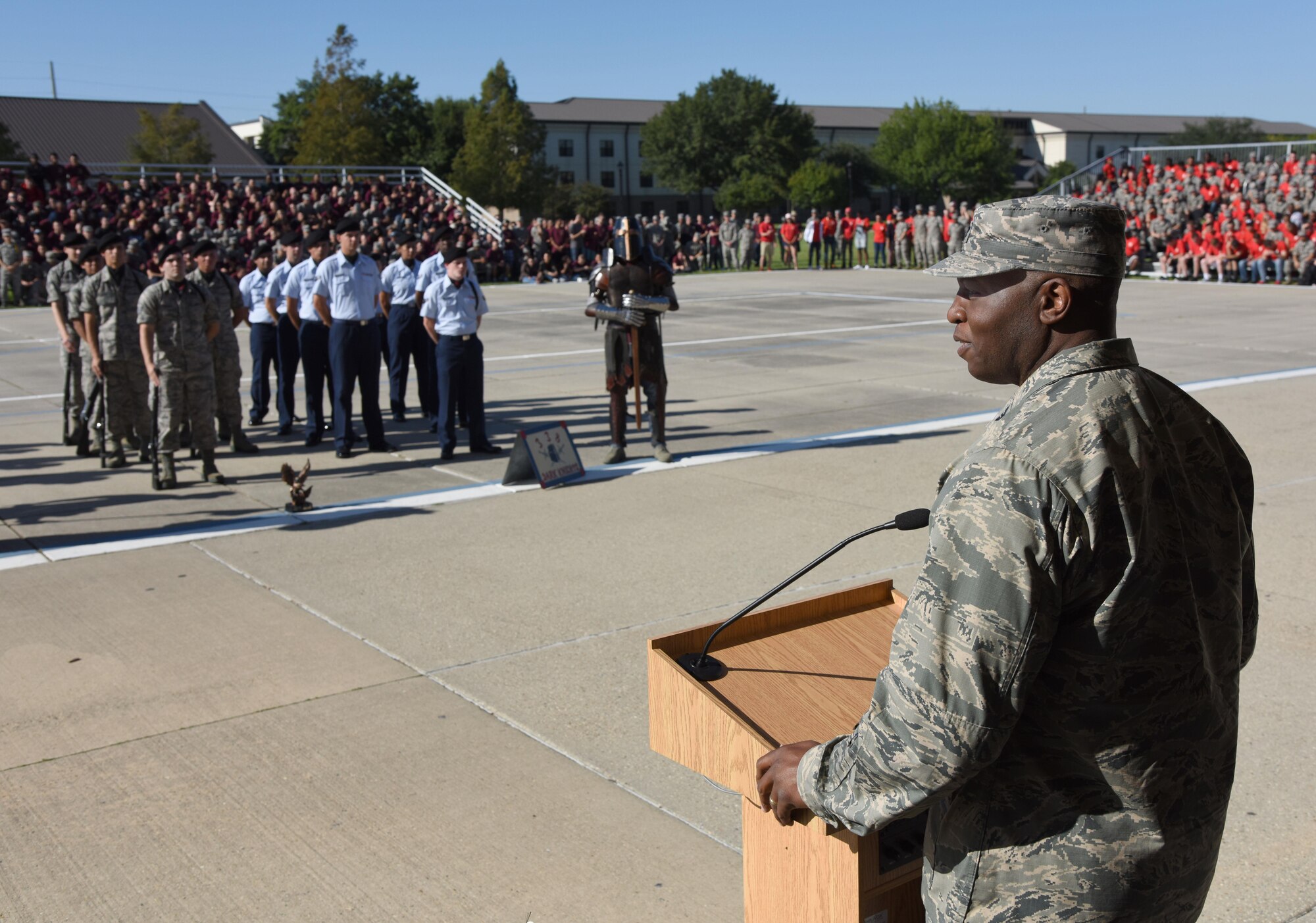 Col. Leo Lawson, Jr., 81st Training Group commander, delivers remarks during the 81st Training Group drill down on the Levitow Training Support Facility drill pad Sept. 8, 2017, on Keesler Air Force Base, Mississippi. Airmen from the 81st TRG competed in a quarterly open ranks inspection, regulation drill routine and freestyle drill routine. The 334th TRS “Gators” took first place this quarter. (U.S. Air Force photo by Kemberly Groue)