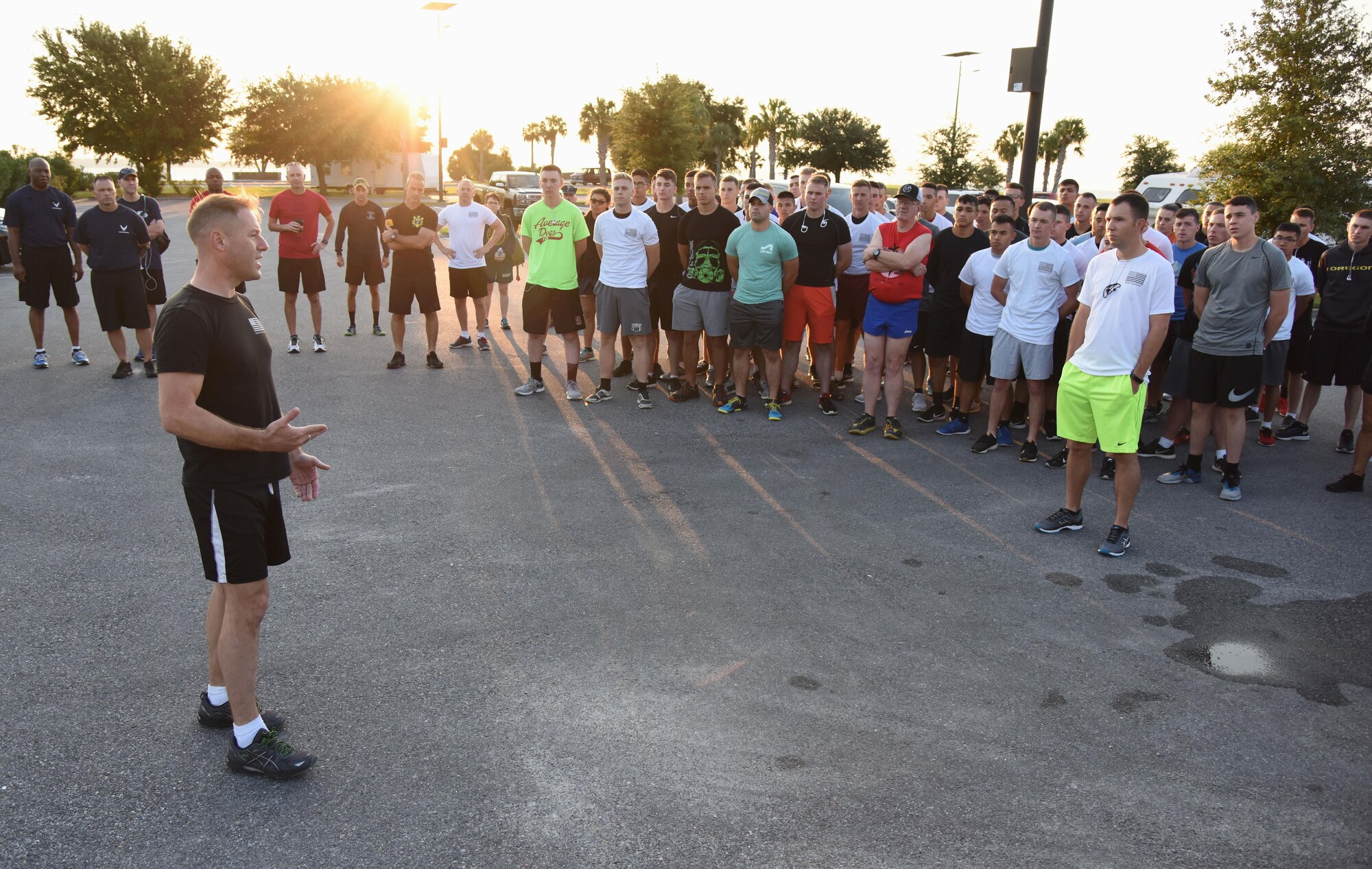 Capt. Gary Baxter, Keesler Marine Corps Detachment commanding officer, speaks to members of the Keesler Air Force Base Marine Detachment prior to a 3.7 mile remembrance run across the Ocean Springs/Biloxi Bridge Sept. 9, 2017, in Mississippi. The event honored those who lost their lives during the 9/11 attacks. (U.S. Air Force photo by Kemberly Groue)