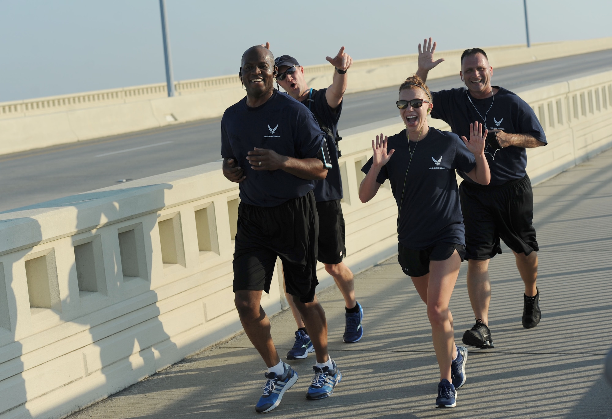 Leadership from the 81st Training Group participate in the Keesler Air Force Base Marine Detachment 3.7 mile remembrance run across the Ocean Springs/Biloxi Bridge Sept. 9, 2017, in Mississippi. The event honored those who lost their lives during the 9/11 attacks. (U.S. Air Force photo by Kemberly Groue)