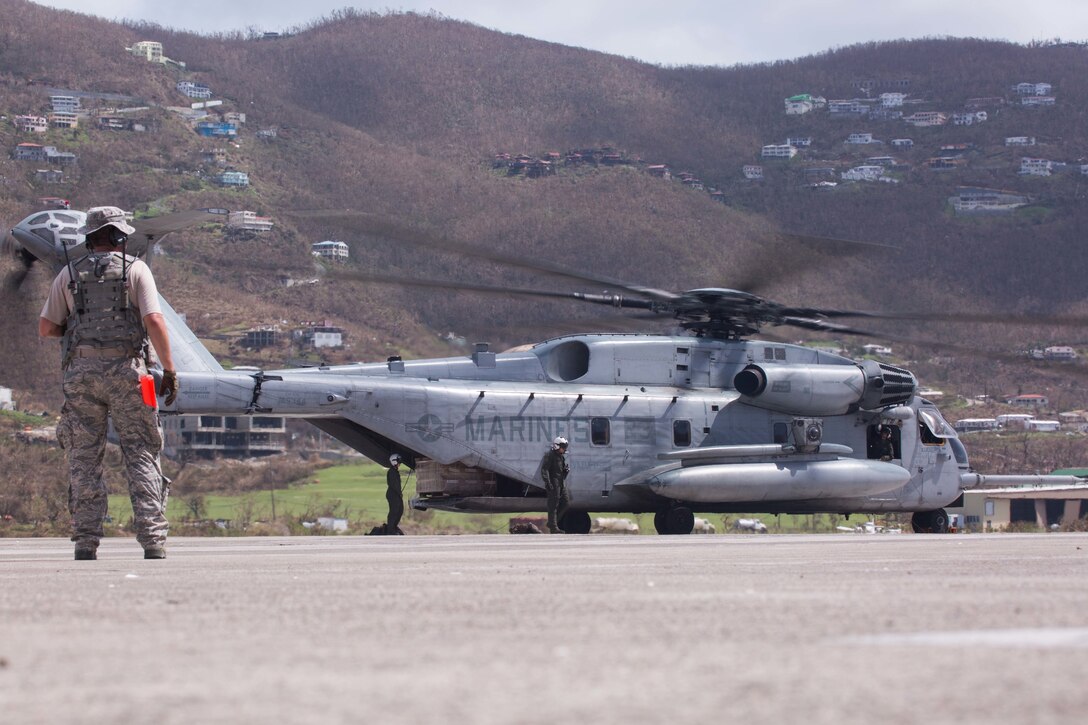The 26th Marine Expeditionary Unit (MEU), delivered food and water by way of helicopters to St. Thomas Cyril King E. Airport, U.S. Virgin Islands, in order to aid victims of Hurricane Irma in the U.S. Virgin Islands, Sept. 10, 2017.