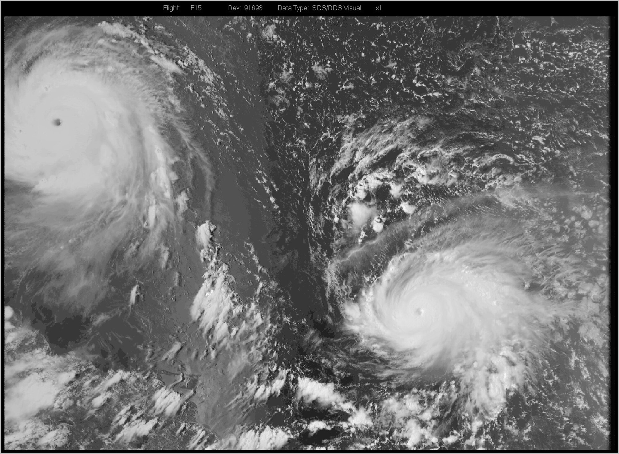 An image of Hurricanes Irma and Jose, downloaded by Reserve Citizen Airmen at the 6th Space Operations Squadron from the Defense Meteorological Satellite Program satellites on Thursday, Sep. 7, 2017.