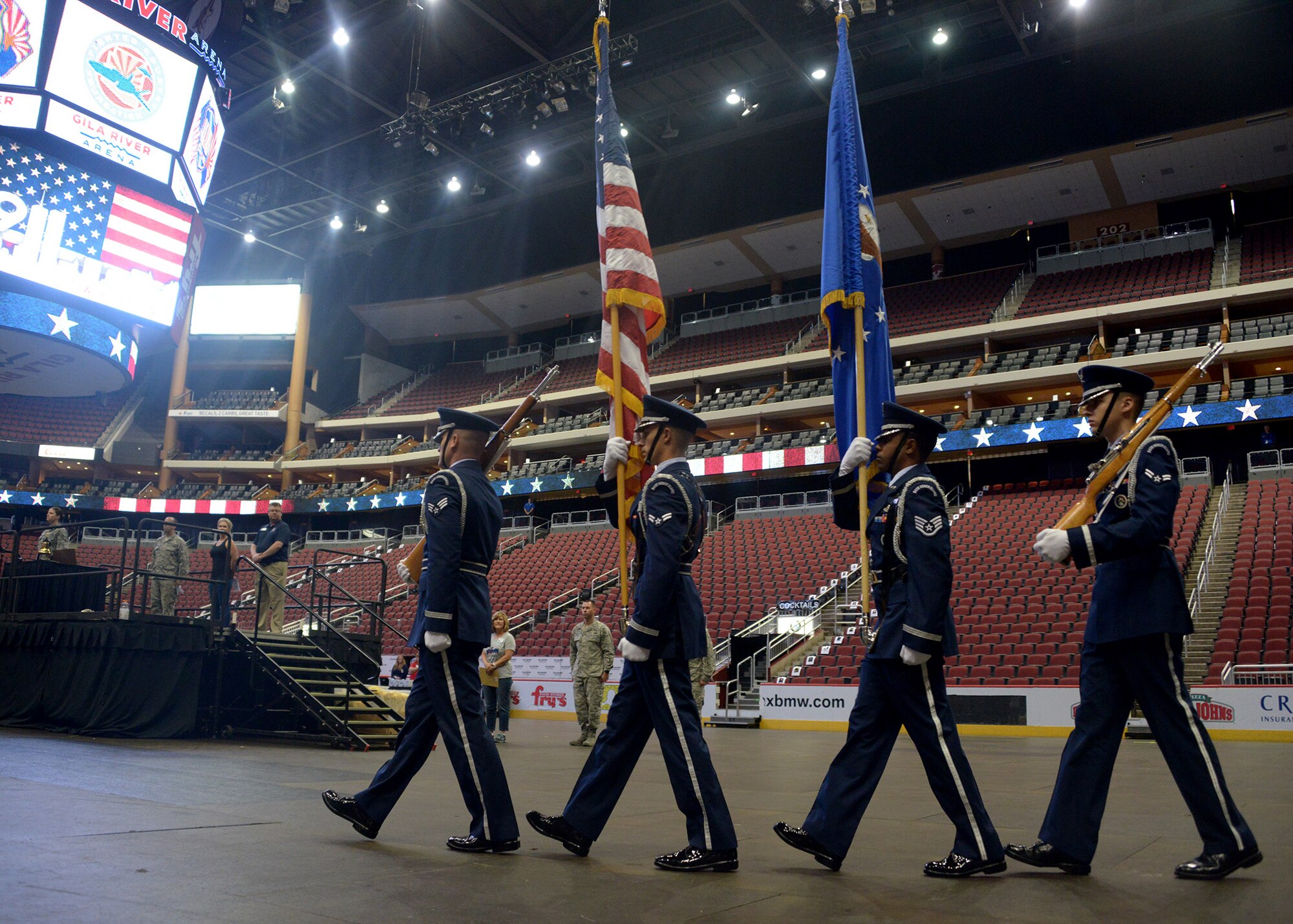 Members of the Luke Air Force Base Honor Guard perform a color guard ceremony during the 9/11 Tower Challenge Sept. 8, 2017 at Gila River Area in Glendale, Ariz. The 9/11 Tower Challenge was held to honor first responders who lost their lives during the Sept. 11, 2001 attacks and to show their support to first responders and military members who continue to protect the U.S. from foreign and domestic threats. (U.S. Air Force photo by Senior Airman Devante Williams)