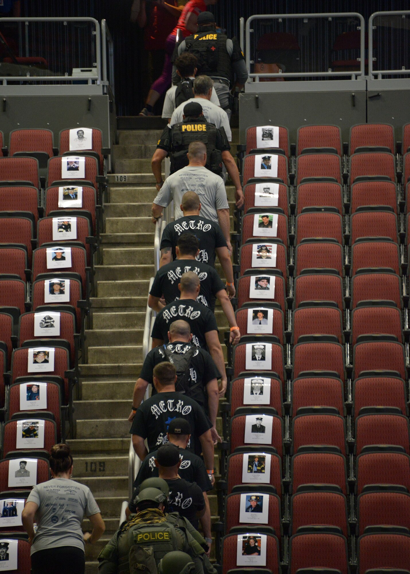 Members of Luke Air Force Base joined the Glendale community during the 9/11 Tower Challenge Sept. 8, 2017 at Gila River Area in Glendale, Ariz. The 9/11 Tower Challenge was held to honor first responders who lost their lives during the Sept. 11, 2001 attacks. During the 9/11 Tower Challenge, participants climbed 2,071 steps representing the number of steps that were in the Twin Towers. (U.S. Air Force photo by Senior Airman Devante Williams)