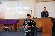 Master Sgt. Iain Morrison, 819th RED HORSE Squadron, plays “America the Beautiful” on bagpipes at the beginning of a 9/11 remembrance ceremony held at the base chapel at Malmstrom Air Force Base, Mont., Sept. 11, 2017. The base came together to remember those who perished in the attacks 16 years ago. (U.S. Air Force photo/Christy Mason)