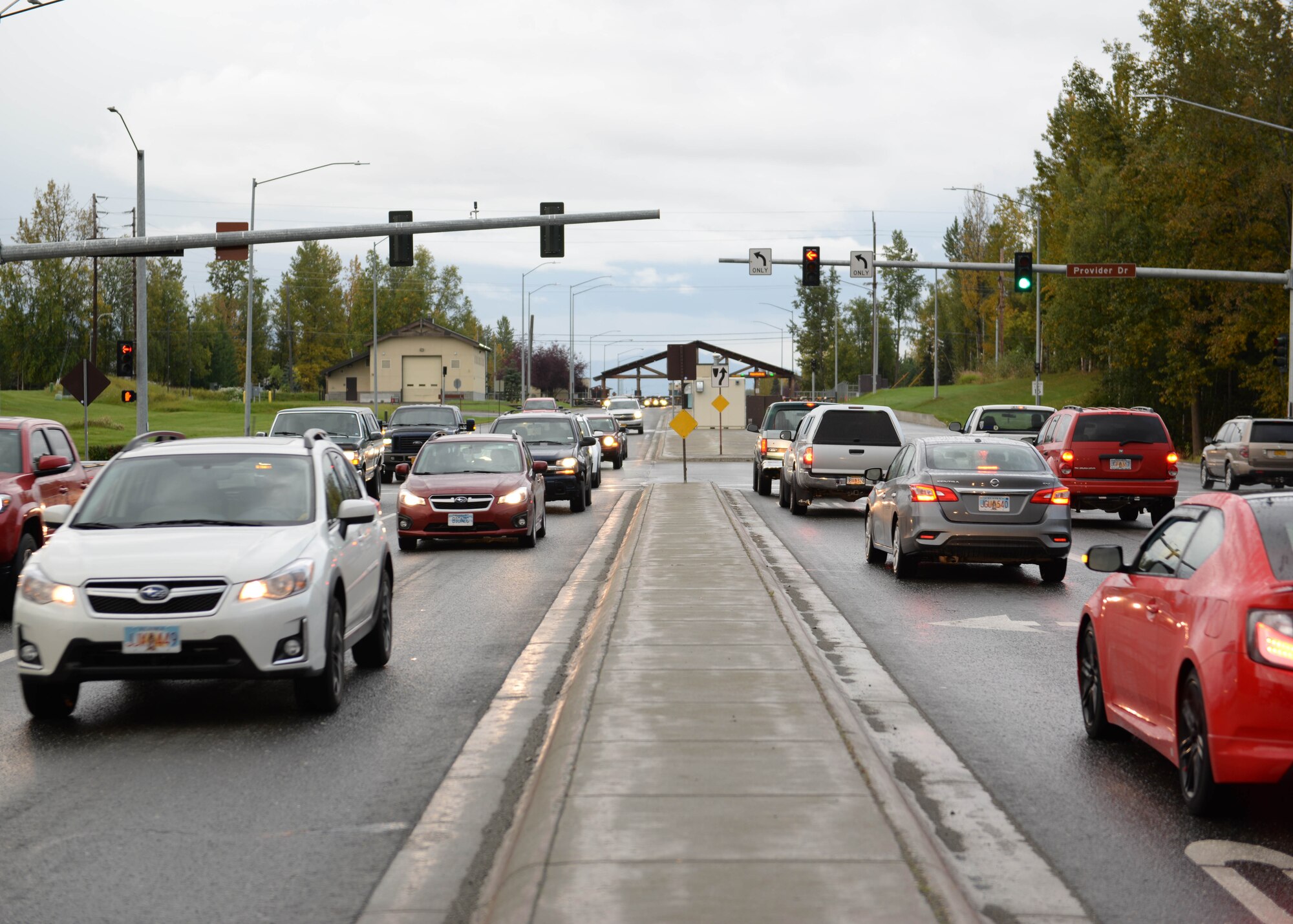 Traffic flows through Joint Base Elmendorf-Richardson, Alaska’s Boniface gate September 11, 2017. More than 3 million vehicles go in and out of just three of Joint Base Elmendorf-Richardson’s five gates every quarter. Because the roads are used by individuals in different ways—like people exercising or children walking to school—drivers need to be aware of their surroundings at all times.