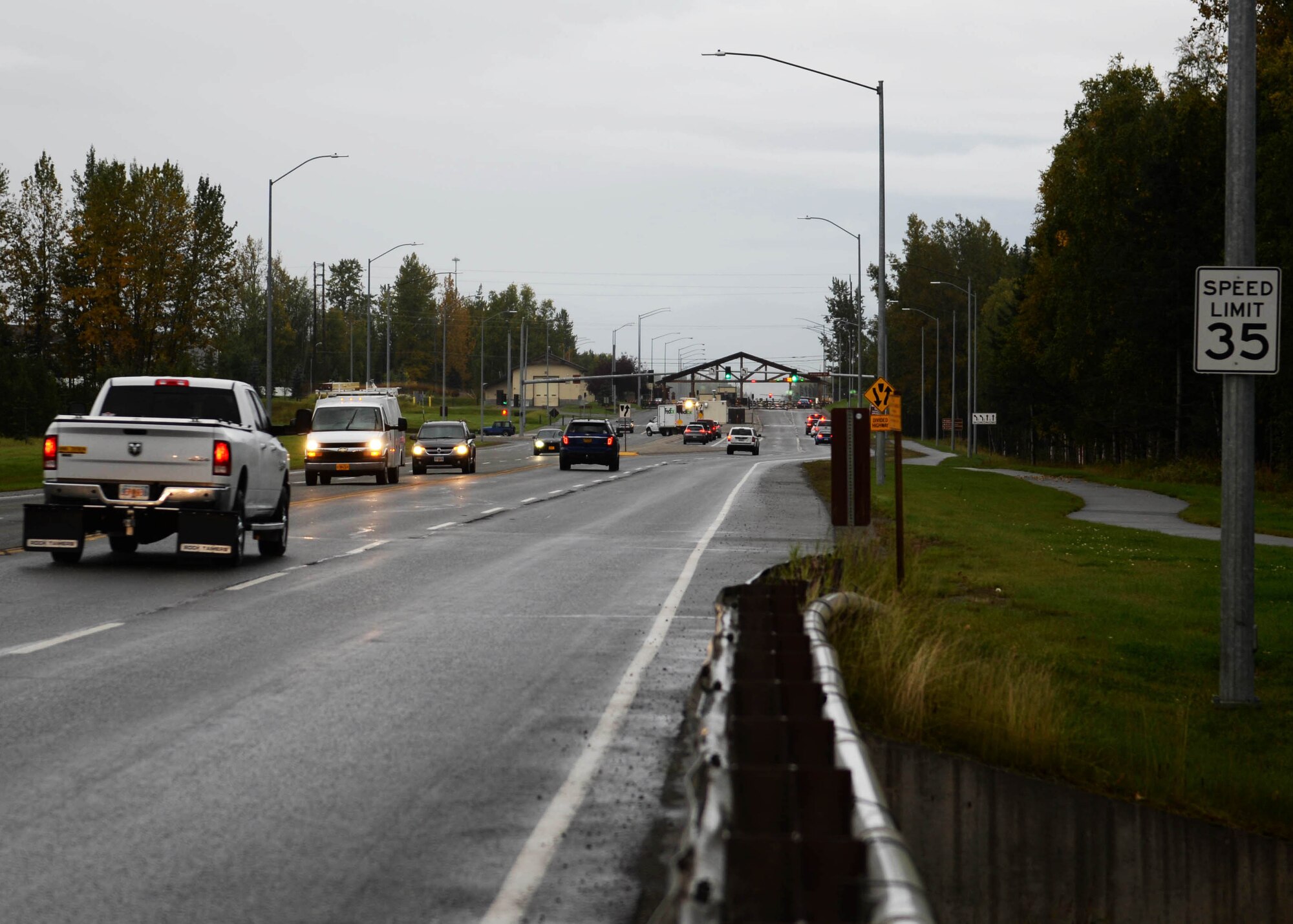 Traffic flows through Joint Base Elmendorf-Richardson, Alaska’s Boniface gate September 11, 2017. More than 3 million vehicles go in and out of just three of Joint Base Elmendorf-Richardson’s five gates every quarter. Because the roads are used by individuals in different ways—like people exercising or children walking to school—drivers need to be aware of their surroundings at all times.