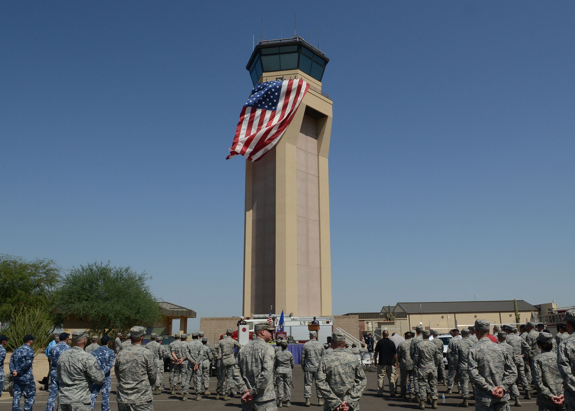 Luke Thunderbolts pay tribute to those killed in the Sept. 11, 2001 terrorist attacks by participating in Team Luke’s 9/11 remembrance ceremony Sept. 11, 2017 at Luke Air Force Base, Ariz. The Airmen climbed and descended ten stories of stairs in the air traffic control tower carrying with them ribbons that contained the names of those who lost their lives during the terrorist attack. (U.S. Air Force photo/ Senior Airman James Hensley)