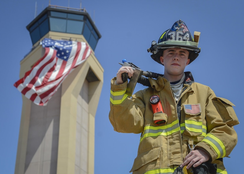 Senior Airman Owen Ricker, 56th Civil Engineer Squadron Fire Fighter, poses for a portrait Sept. 11, 2017 at Luke Air Force Base, Ariz. During Team Luke’s 9/11 remembrance ceremony, Ricker played his ceremonial bagpipes and also participated in a ten story stair climb in the air traffic control tower honoring those who lost their lives during the 2001 terrorist attacks. (U.S. Air Force photo/Airman 1st Class Caleb Worpel)