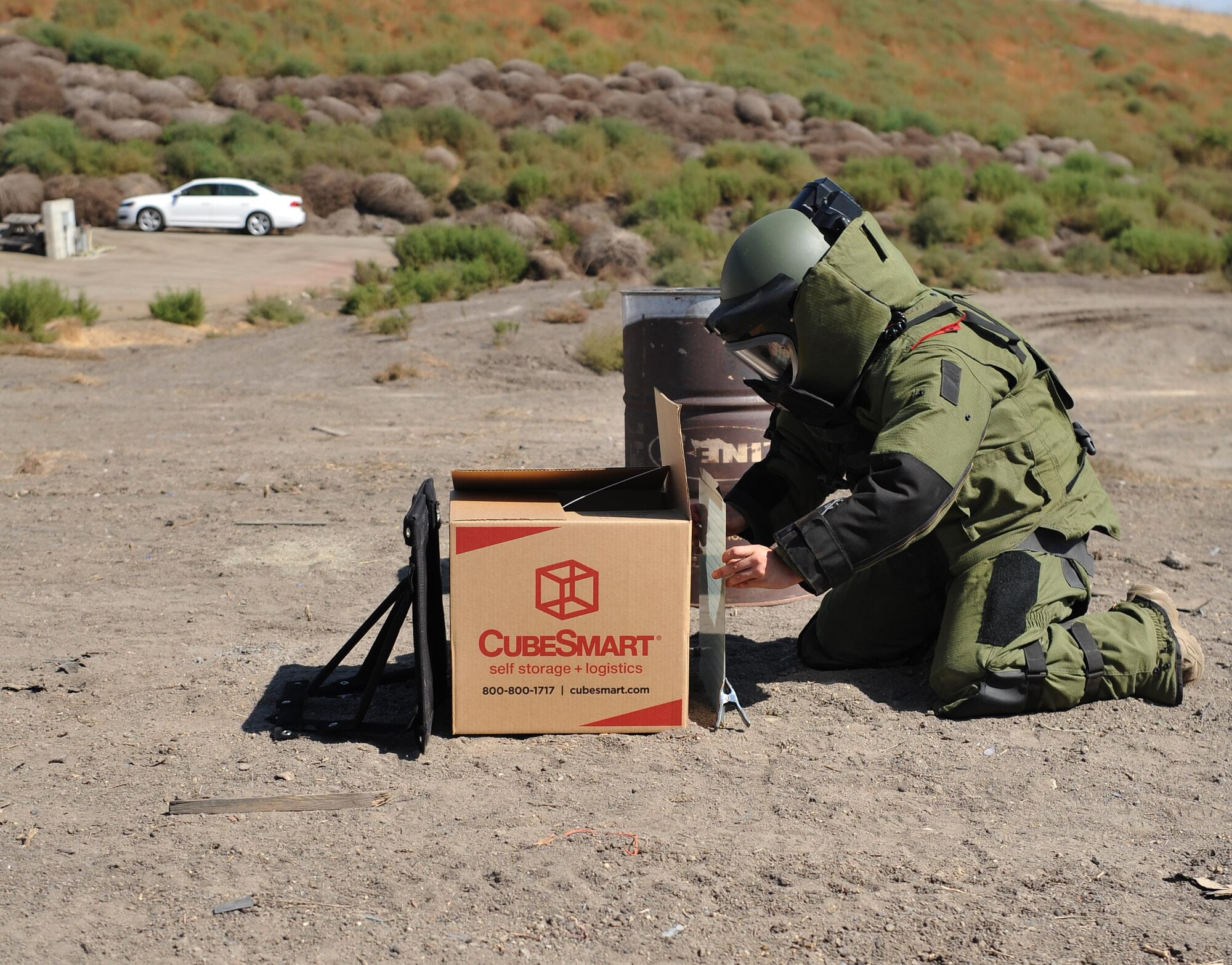 Senior Airman Jared Basham, 9th Civil Engineer Squadron explosive ordnance technician, prepares a simulated explosive device to be x-rayed during Urban Shield