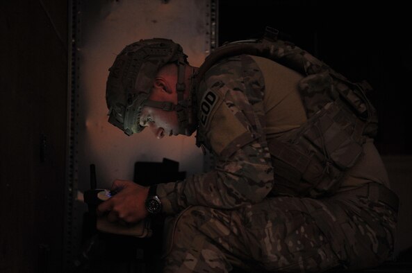Senior Airman Jared Basham, 9th Civil Engineer Squadron explosive ordnance technician, controls a robot during Urban Shield
