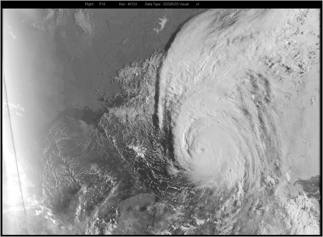 An image of Irma showing Florida obscured underneath the storm with the Gulf of Mexico and Yucatan peninsula on the left hand side, downloaded by Reserve Citizen Airmen at the 6th Space Operations Squadron from the Defense Meteorological Satellite Program satellites on Sunday, Sep. 10, 2017.