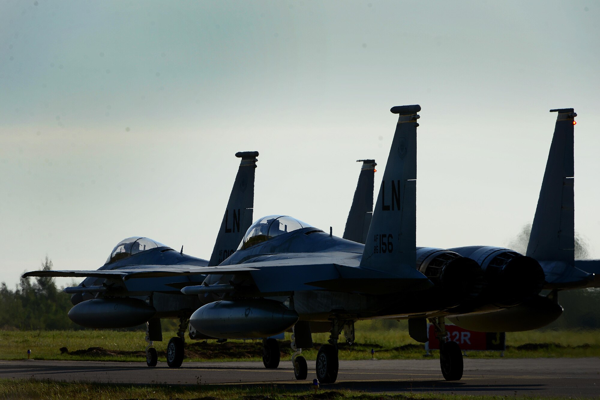 U.S. F-15C Eagles taxi for a sortie in support of the NATO Baltic Air Police mission at Siauliai Air Base, Lithuania, Sept. 8. The 493rd Expeditionary Fighter Squadron has successfully intercepted, interrogated and redirected two aircraft and conducted twenty sorties while serving to protect the skies above the Baltic region. (U.S. Air Force photo/ Tech. Sgt. Matthew Plew)