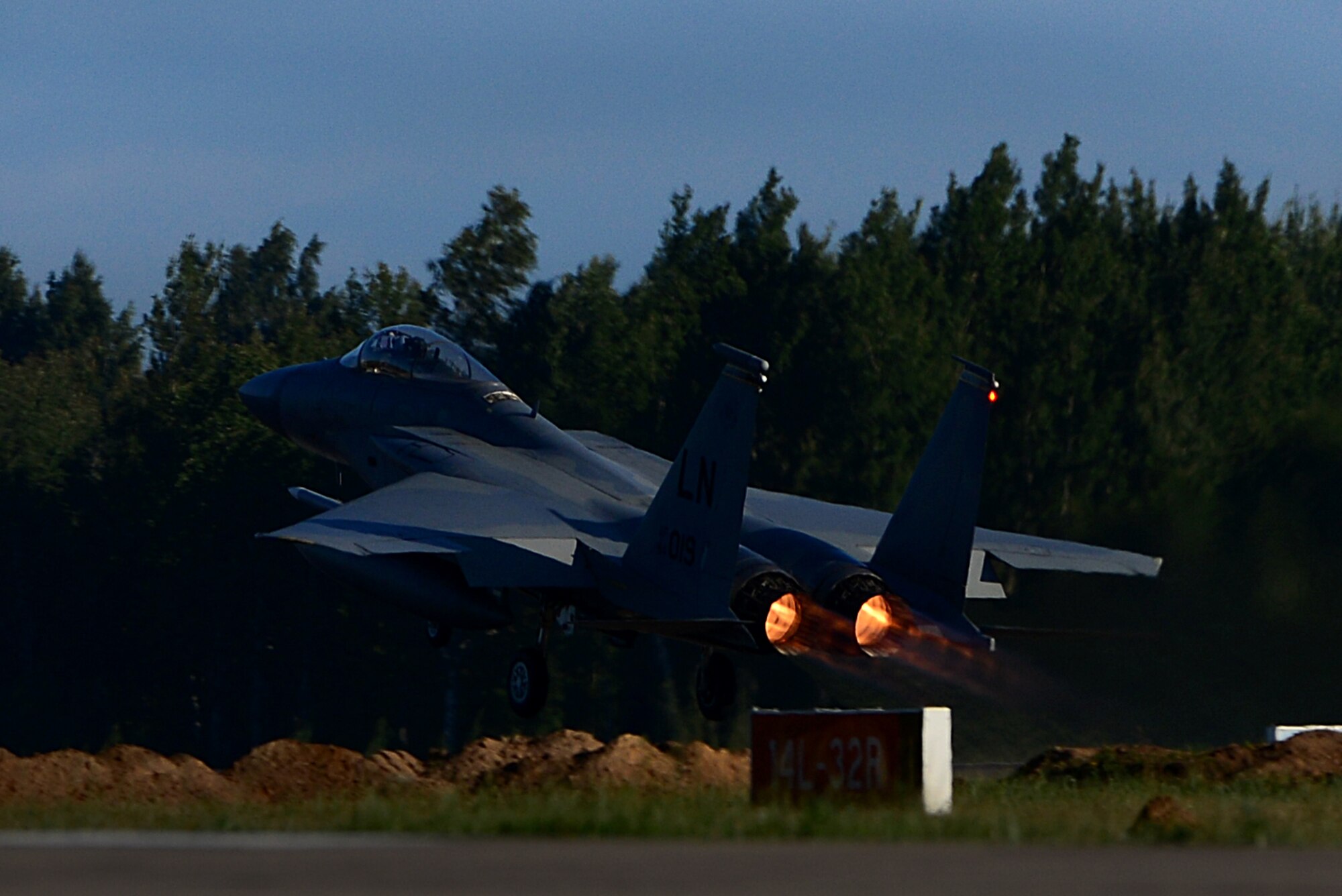 A U.S. F-15C Eagle launches for a sortie in support of the NATO Baltic Air Police mission at Siauliai Air Base, Lithuania, Sept. 8. The 493rd Expeditionary Fighter Squadron has successfully intercepted, interrogated and redirected two aircraft and conducted twenty sorties while serving to protect the skies above the Baltic region. (U.S. Air Force photo/ Tech. Sgt. Matthew Plew)