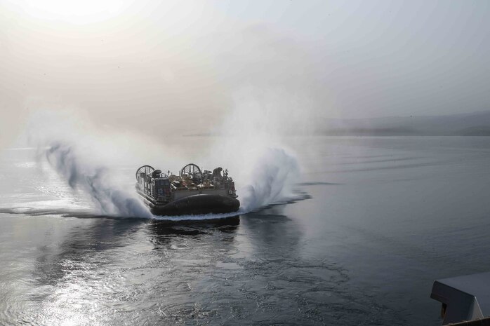 A Landing Craft Air Cushion approaches USS San Diego (LPD 22) during exercise Alligator Dagger 2017. The LCAC is a high-speed, over-the-beach, fully amphibious landing craft capable of traversing snow, marsh, ice, tundra and sand.