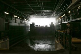 A Landing Craft Air Cushion approaches USS San Diego (LPD 22) during exercise Alligator Dagger 2017. The LCAC is a high-speed, over-the-beach, fully amphibious landing craft capable of traversing snow, marsh, ice, tundra and sand.