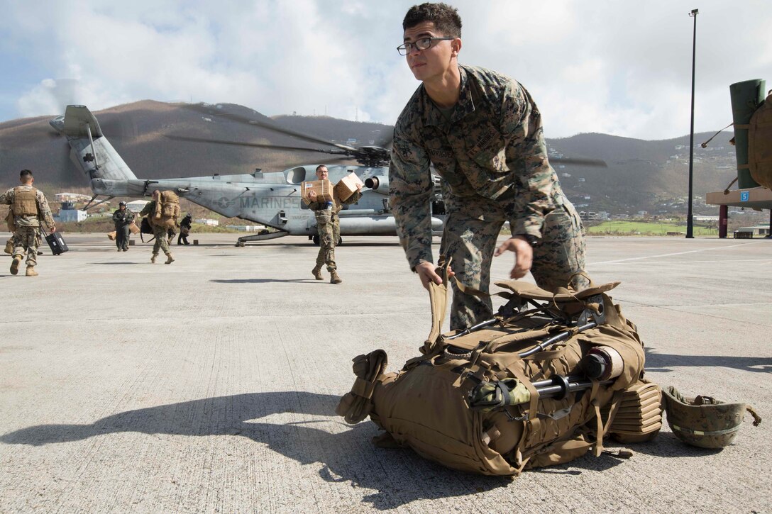 U.S. Marines with Battalion Landing Team 2nd Battalion, 6th Marine Regiment, 26th Marine Expeditionary Unit (MEU), arrived at the St. Thomas Cyril King E. Airport to aid in the humanitarian effort for victims of Hurricane Irma in St. Thomas, U.S. Virgin Islands, Sept. 11, 2017.