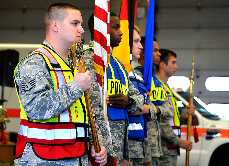 U.S. Airmen present the colors during a 9/11 retreat ceremony on Ramstein Air Base, Germany, Sept. 11, 2017. Kaiserslautern Military Community first responders conducted the ceremony to commemorate the 16th anniversary of the 9/11 attacks and to honor the first responders who lost their lives while conducting rescue operations during the event. (U.S. Air Force photo by Airman 1st Class Joshua Magbanua)