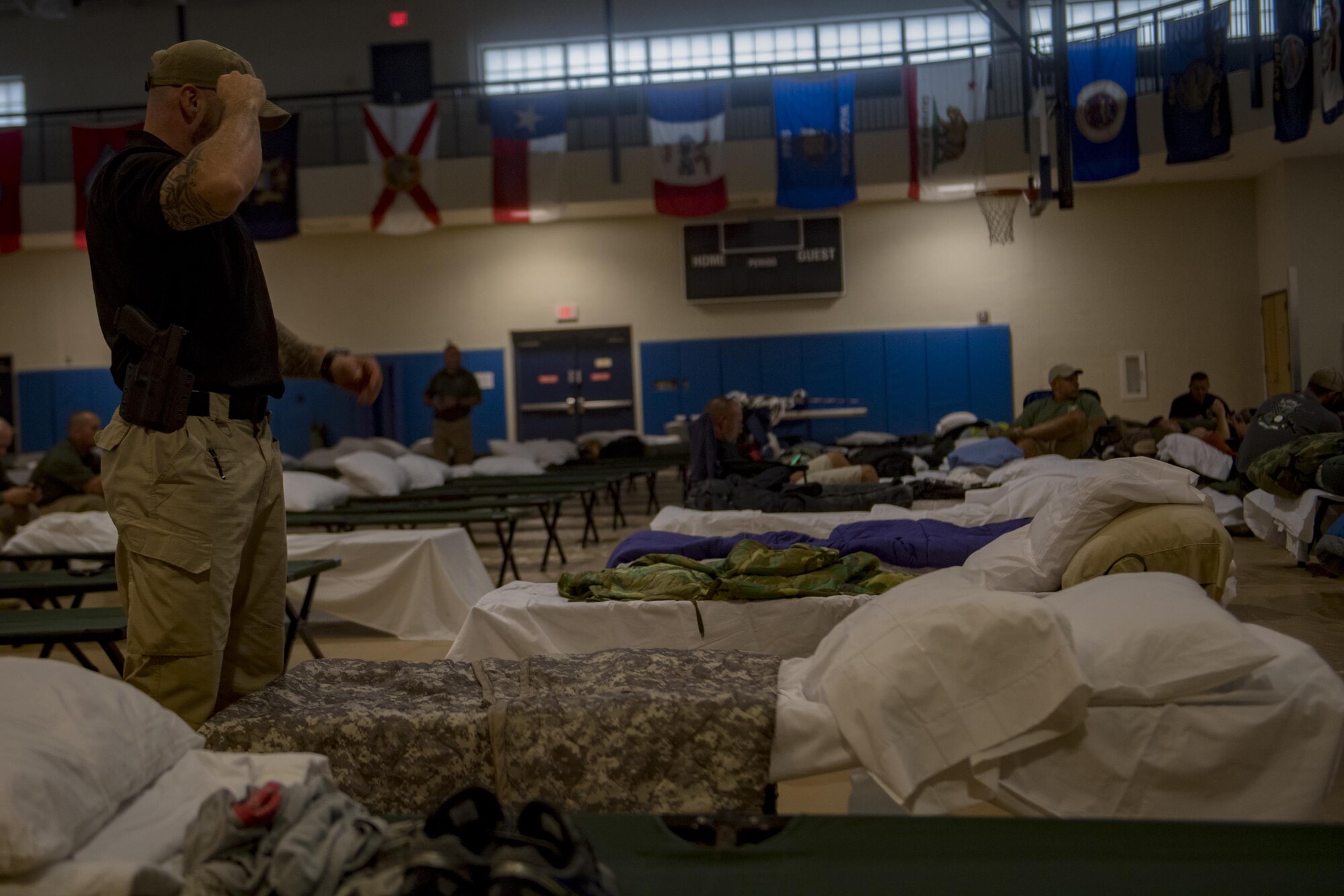 Members from various federal law enforcement agencies rest and relax before deploying to areas affected by Hurricane Irma, Sept. 10, 2017, at Moody Air Force Base, Ga. Moody Air Force Base hosted approximately 400 members from 14 different federal agencies who will deploy to conduct security or search and rescue missions in areas effected by Hurricane Irma. (U.S. Air Force photo by Airman 1st Class Daniel Snider)