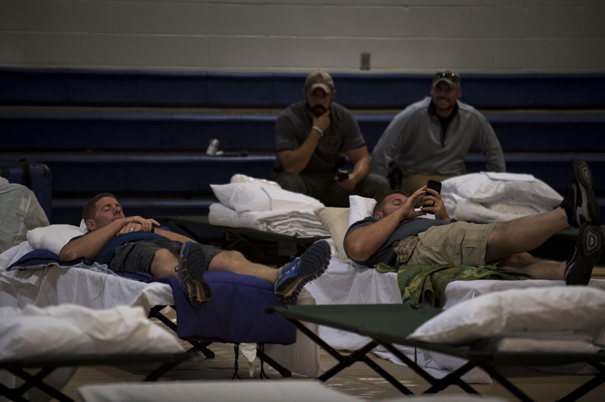 Members from various federal law enforcement agencies rest and relax before deploying to areas affected by Hurricane Irma, Sept. 10, 2017, at Moody Air Force Base, Ga. Moody Air Force Base hosted approximately 400 members from 14 different federal agencies who will deploy to conduct security or search and rescue missions in areas effected by Hurricane Irma. (U.S. Air Force photo by Airman 1st Class Daniel Snider)