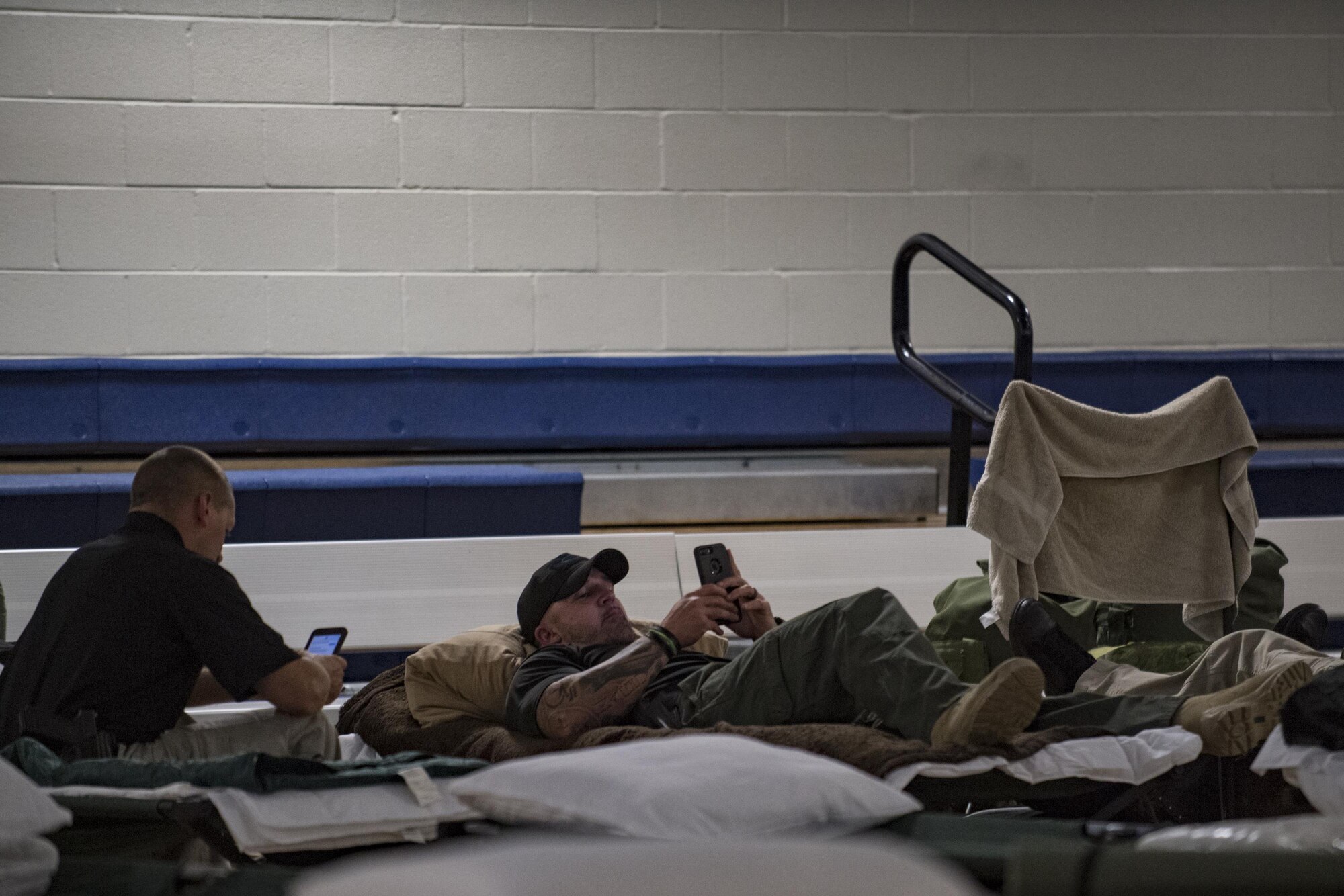 Members from various federal law enforcement agencies rest and relax before deploying to areas affected by Hurricane Irma, Sept. 10, 2017, at Moody Air Force Base, Ga. Moody Air Force Base hosted approximately 400 members from 14 different federal agencies who will deploy to conduct security or search and rescue missions in areas effected by Hurricane Irma. (U.S. Air Force photo by Airman 1st Class Daniel Snider)