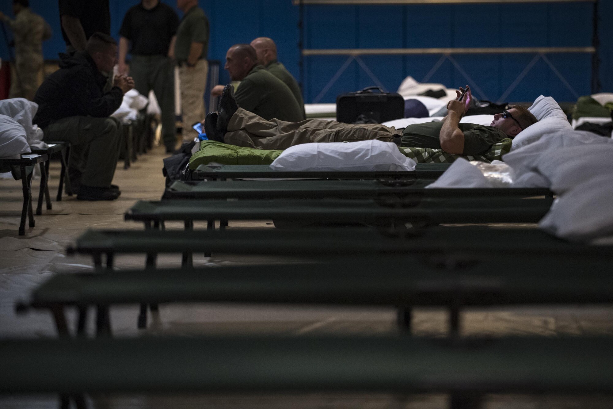 Members from various federal law enforcement agencies rest and relax before deploying to areas affected by Hurricane Irma, Sept. 10, 2017, at Moody Air Force Base, Ga. Moody Air Force Base hosted approximately 400 members from 14 different federal agencies who will deploy to conduct security or search and rescue missions in areas effected by Hurricane Irma. (U.S. Air Force photo by Airman 1st Class Daniel Snider)