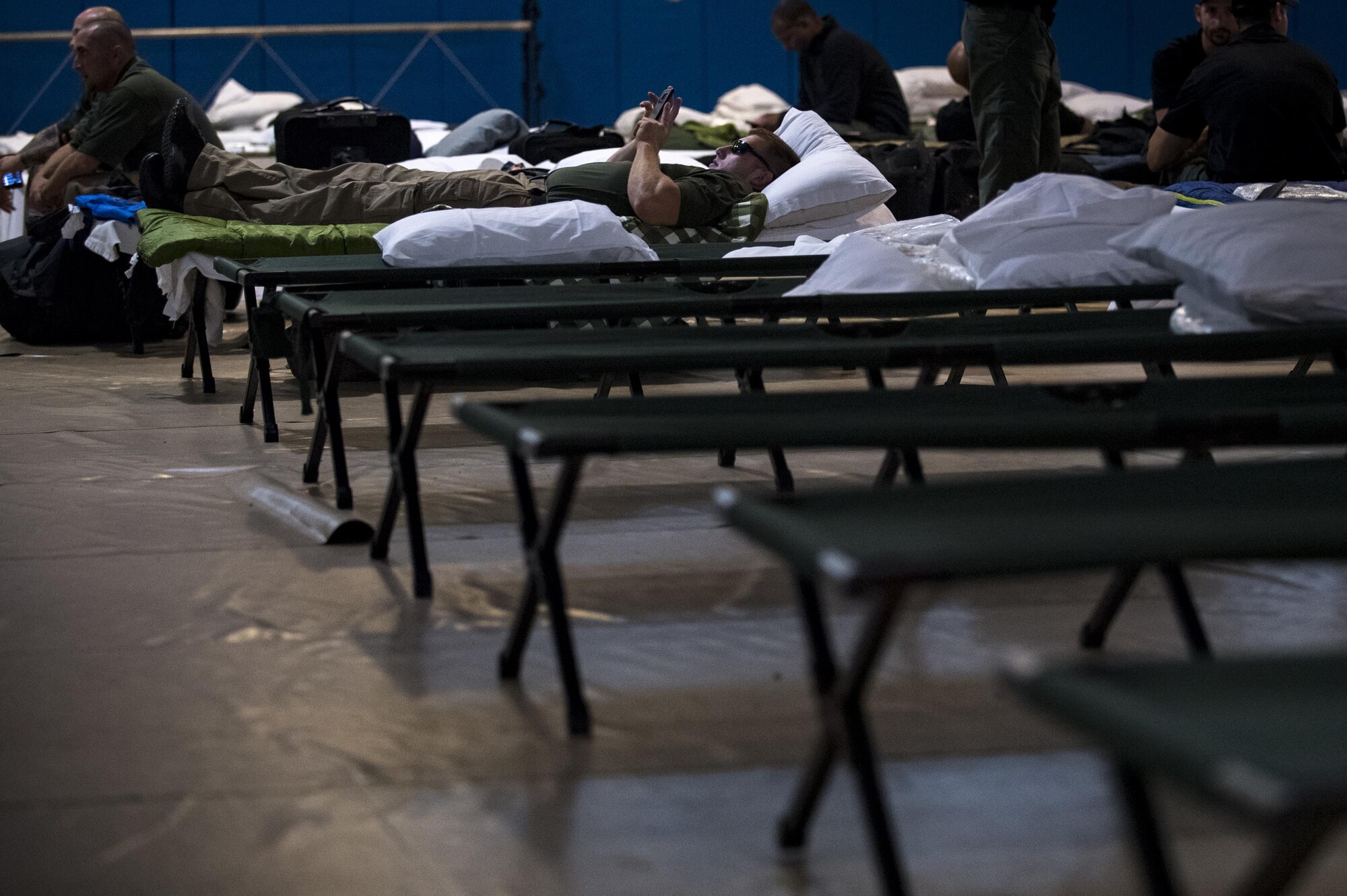 Members from various federal law enforcement agencies rest and relax before deploying to areas affected by Hurricane Irma, Sept. 10, 2017, at Moody Air Force Base, Ga. Moody Air Force Base hosted approximately 400 members from 14 different federal agencies who will deploy to conduct security or search and rescue missions in areas effected by Hurricane Irma. (U.S. Air Force photo by Airman 1st Class Daniel Snider)