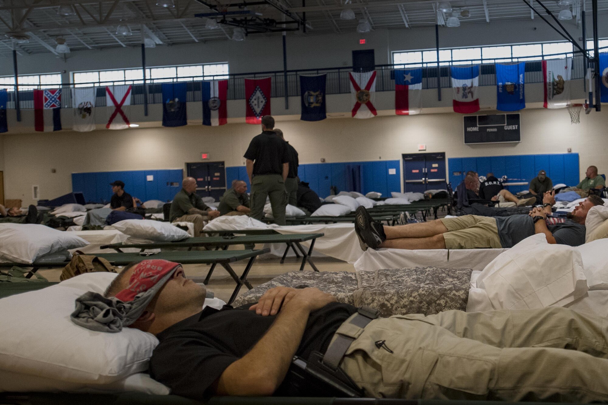 Members from various federal law enforcement agencies rest and relax before deploying to areas affected by Hurricane Irma, Sept. 10, 2017, at Moody Air Force Base, Ga. Moody Air Force Base hosted approximately 400 members from 14 different federal agencies who will deploy to conduct security or search and rescue missions in areas effected by Hurricane Irma. (U.S. Air Force photo by Airman 1st Class Daniel Snider)