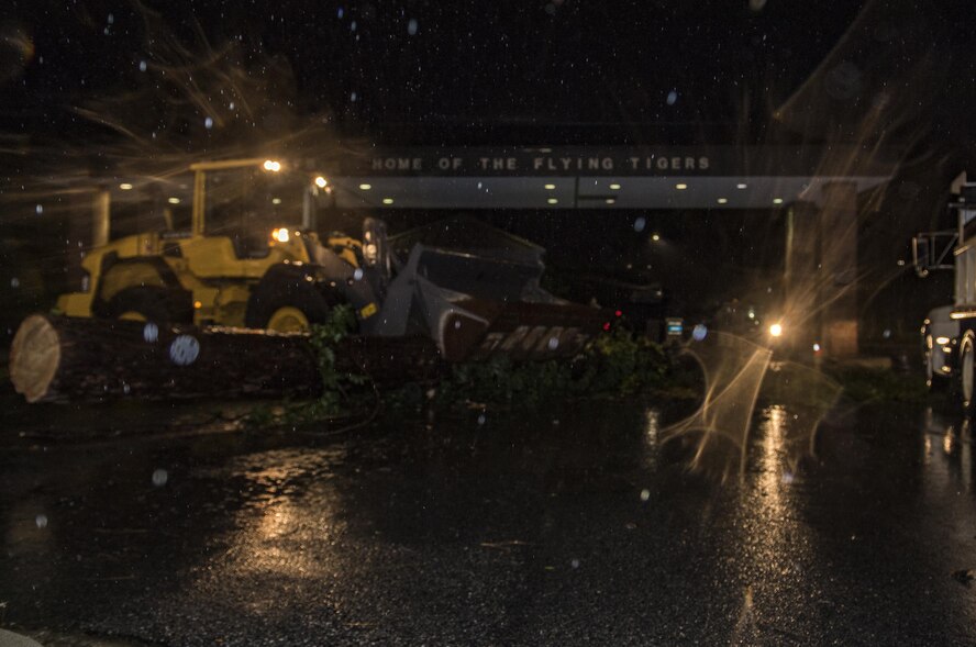 23rd Civil Engineer Squadron heavy equipment operators clear a fallen tree from in front of the Davidson Road gate, Sept. 11, 2017, at Moody Air Force Base, Ga. Moody’s ride-out team consisted of approximately 80 Airmen, who were tasked with immediately responding to mission-inhibiting damage caused by Hurricane Irma. (U.S. Air Force photo by Airman 1st Class Daniel Snider)