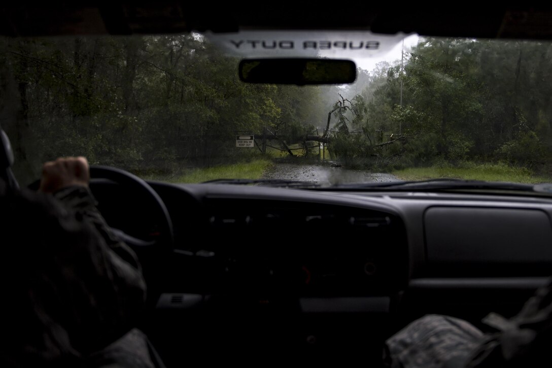 Members of Moody’s ride-out team stop their vehicle in front of a fallen tree that blocks a road, Sept. 11, 2017, at Moody Air Force Base, Ga. Moody’s ride-out team consisted of approximately 80 Airmen who were tasked with immediately responding to mission-inhibiting damage caused by Hurricane Irma. (U.S. Air Force photo by Airman 1st Class Daniel Snider)