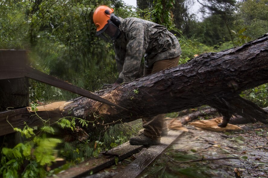 Senior Airman Justin Benito, 23rd Civil Engineer Squadron heavy equipment operator, uses a chainsaw to cut a fallen tree’s trunk, Sept. 11, 2017, at Moody Air Force Base, Ga. Moody’s ride-out team consisted of approximately 80 Airmen who were tasked with immediately responding to mission-inhibiting damage caused by Hurricane Irma. (U.S. Air Force photo by Airman 1st Class Daniel Snider)