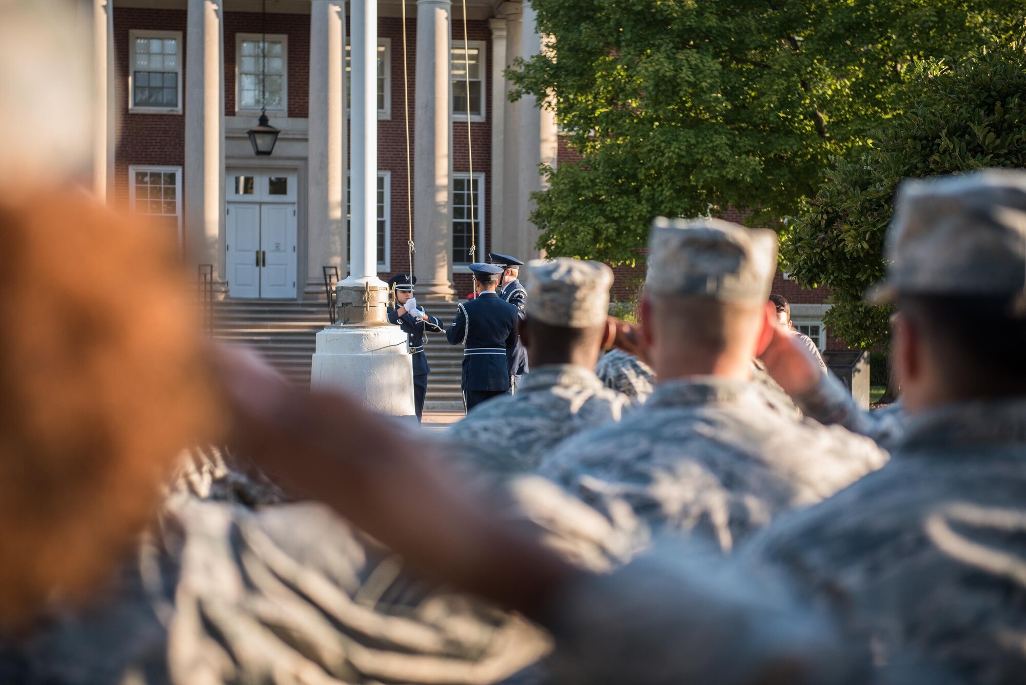 The 9/11 Reveille begins the work day, as service members remembered those affected by the 2001 terror attacks, Sept. 11, 2017, Scott Air Force Base, Ill. Scott remembered those affected by the terrorist attacks on Sept. 11 through a 9/11 reveille, a Belleville Memorial dedication, and a presentation by Chuck Rosenberg, former U.S. attorney of the Eastern District of Virginia. (U.S. Air Force photo by Cristopher Parr)