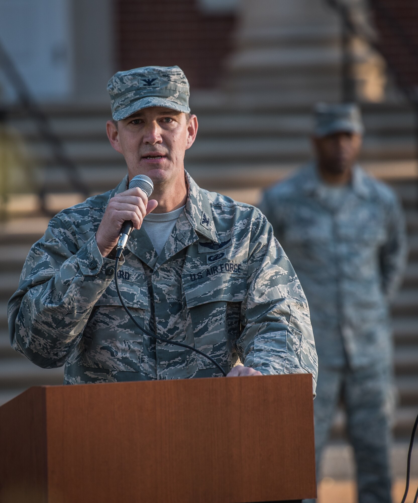 The 9/11 Reveille begins the work day, as service members remembered those affected by the 2001 terror attacks, Sept. 11, 2017, Scott Air Force Base, Ill. Scott remembered those affected by the terrorist attacks on Sept. 11 through a 9/11 reveille, a Belleville Memorial dedication, and a presentation by Chuck Rosenberg, former U.S. attorney of the Eastern District of Virginia. (U.S. Air Force photo by Cristopher Parr)