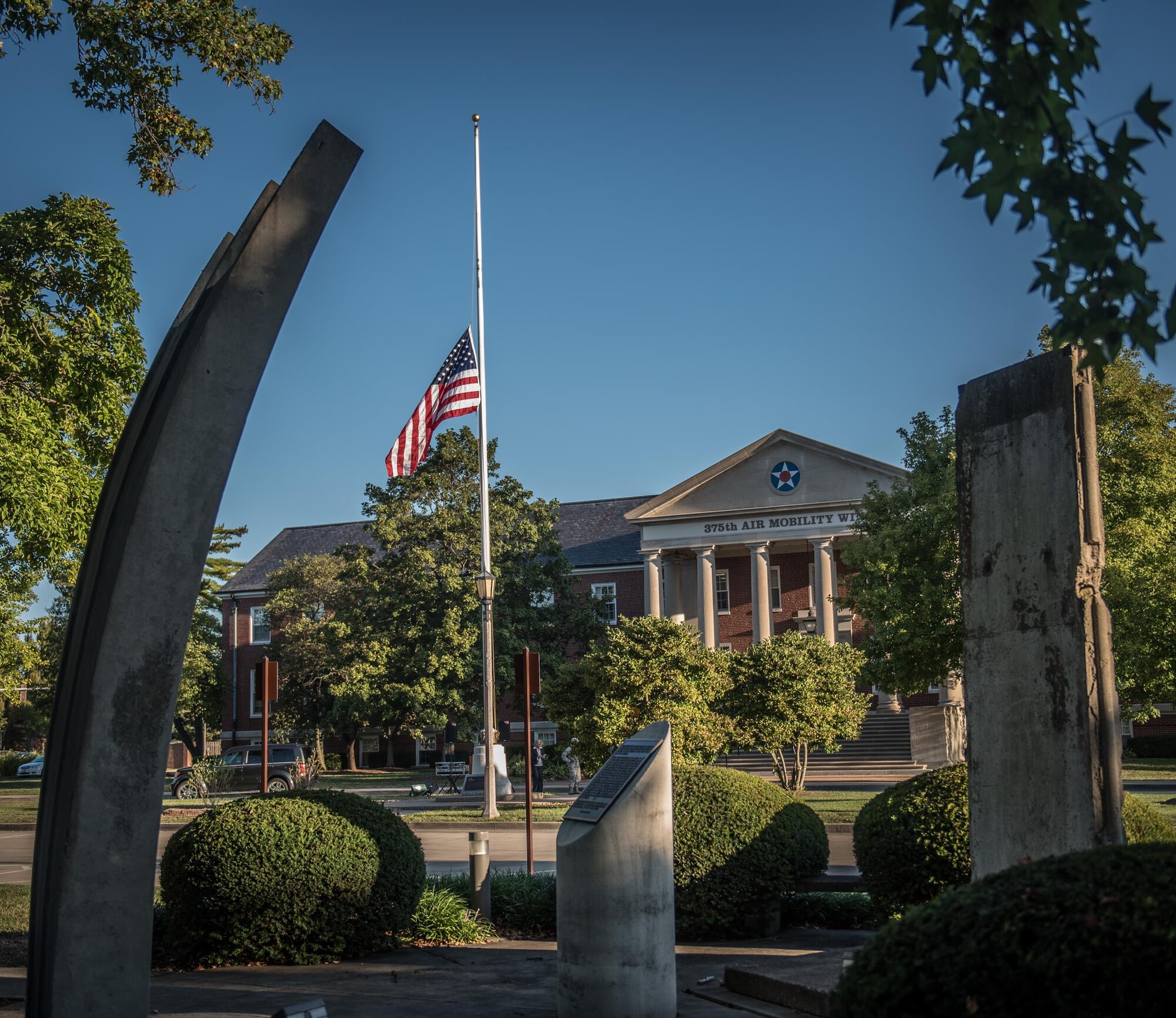 The 9/11 Reveille begins the work day, as service members remembered those affected by the 2001 terror attacks, Sept. 11, 2017, Scott Air Force Base, Ill. Scott remembered those affected by the terrorist attacks on Sept. 11 through a 9/11 reveille, a Belleville Memorial dedication, and a presentation by Chuck Rosenberg, former U.S. attorney of the Eastern District of Virginia. (U.S. Air Force photo by Cristopher Parr)