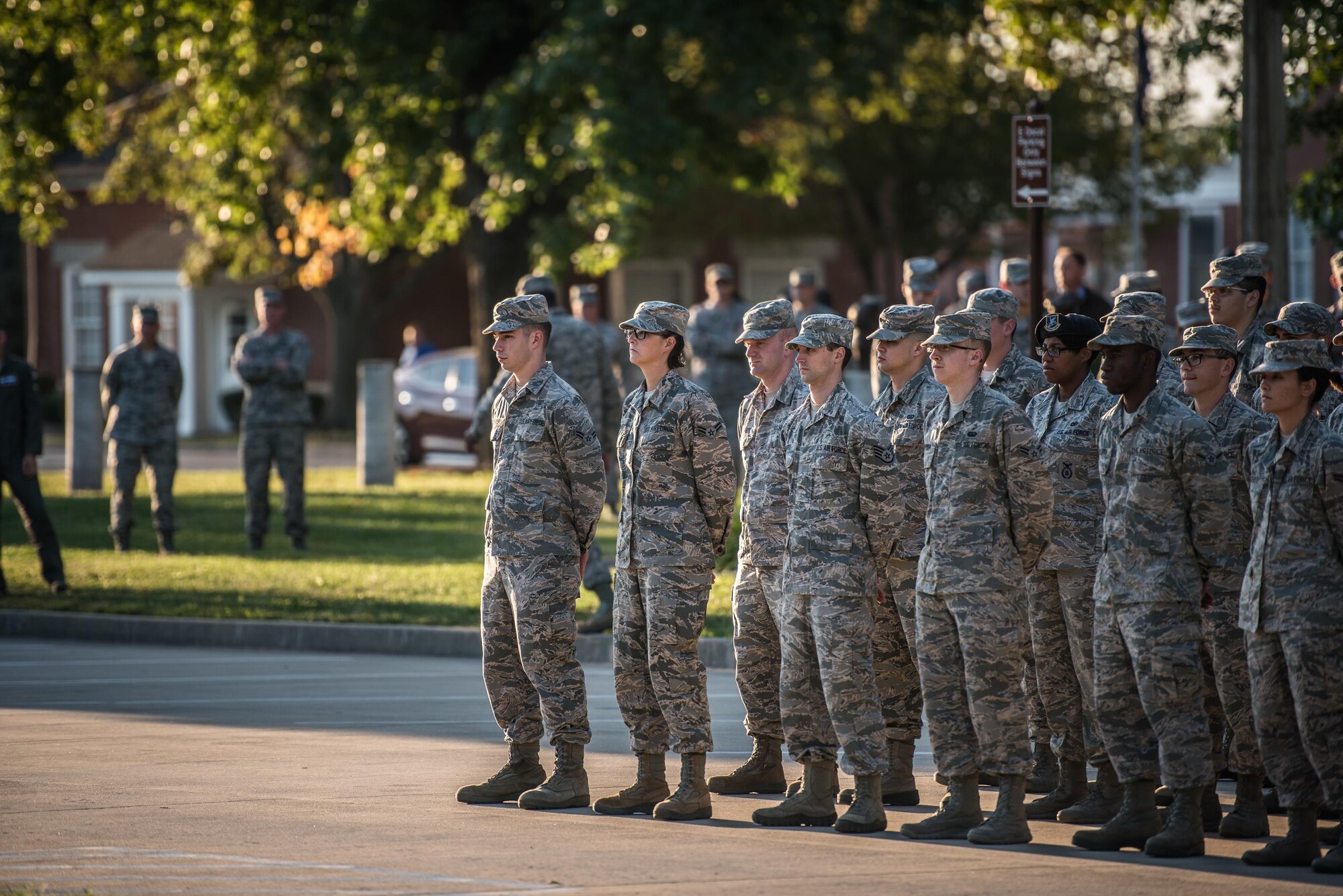 The 9/11 Reveille begins the work day, as service members remembered those affected by the 2001 terror attacks, Sept. 11, 2017, Scott Air Force Base, Ill. Scott remembered those affected by the terrorist attacks on Sept. 11 through a 9/11 reveille, a Belleville Memorial dedication, and a presentation by Chuck Rosenberg, former U.S. attorney of the Eastern District of Virginia. (U.S. Air Force photo by Cristopher Parr)