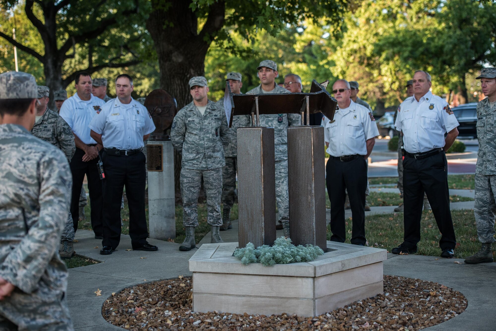The 9/11 Reveille begins the work day, as service members remembered those affected by the 2001 terror attacks, Sept. 11, 2017, Scott Air Force Base, Ill. Scott remembered those affected by the terrorist attacks on Sept. 11 through a 9/11 reveille, a Belleville Memorial dedication, and a presentation by Chuck Rosenberg, former U.S. attorney of the Eastern District of Virginia. (U.S. Air Force photo by Cristopher Parr)