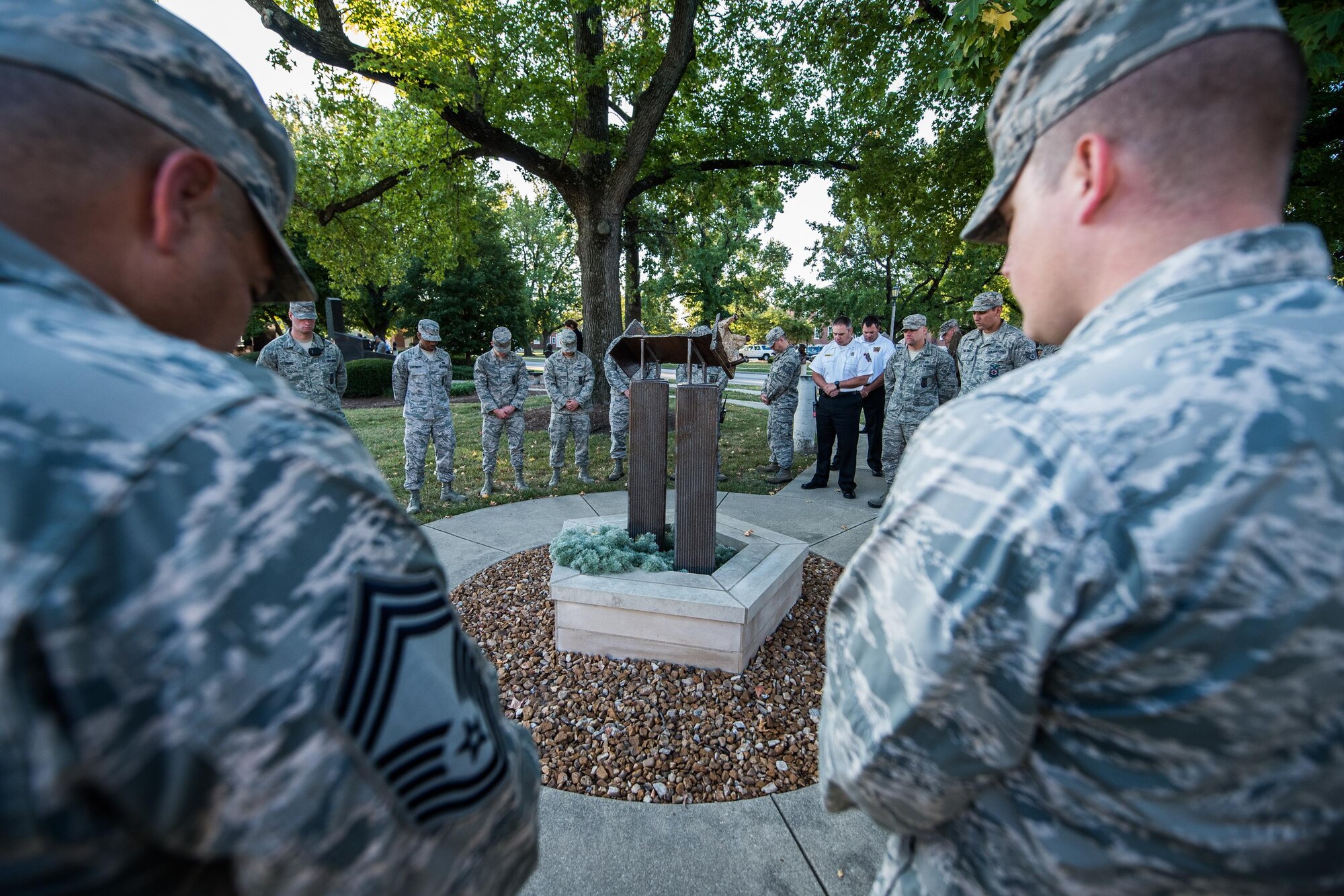 The 9/11 Reveille begins the work day, as service members remembered those affected by the 2001 terror attacks, Sept. 11, 2017, Scott Air Force Base, Ill. Scott remembered those affected by the terrorist attacks on Sept. 11 through a 9/11 reveille, a Belleville Memorial dedication, and a presentation by Chuck Rosenberg, former U.S. attorney of the Eastern District of Virginia. (U.S. Air Force photo by Cristopher Parr)