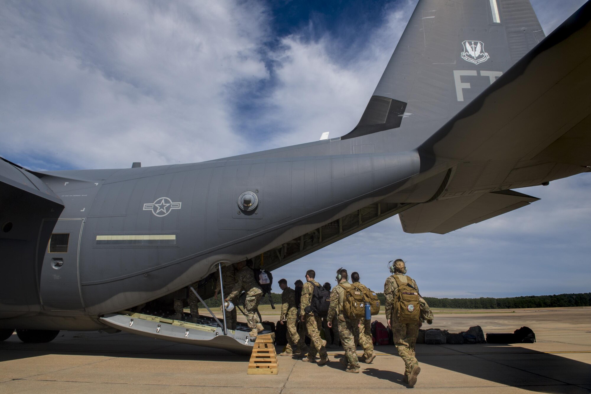Members of the 563d Rescue Group board an HC-130J Combat King II, Sept. 11, 2017, at Jackson-Medgar Wiley Evers Air National Guard Base, Miss. Aircraft and personnel from the 563d Rescue Group mobilized to Homestead ARB to assist in rescue efforts after Hurricane Irma made landfall. The 563d RQG is supporting FEMA’s disaster response efforts. (U.S. Air Force photo by Tech. Sgt. Zachary Wolf)