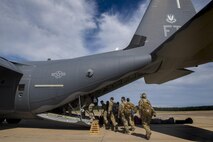 Members of the 563d Rescue Group board an HC-130J Combat King II, Sept. 11, 2017, at Jackson-Medgar Wiley Evers Air National Guard Base, Miss. Aircraft and personnel from the 563d Rescue Group mobilized to Homestead ARB to assist in rescue efforts after Hurricane Irma made landfall. The 563d RQG is supporting FEMA’s disaster response efforts. (U.S. Air Force photo by Tech. Sgt. Zachary Wolf)