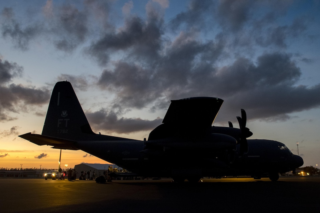An HC-130J Combat King II, assigned to the 71st rests on the flight line, Sept. 11, 2017, at Homestead Air Reserve Base, Fla. Aircraft and personnel from the 563d Rescue Group mobilized to Homestead ARB to assist in rescue efforts after Hurricane Irma made landfall. The 563d RQG is supporting FEMA’s disaster response efforts. (U.S. Air Force photo by Tech. Sgt. Zachary Wolf)