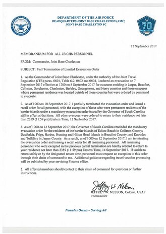 Full Termination of Limited Evacuation Order, Sept. 12, 2017.