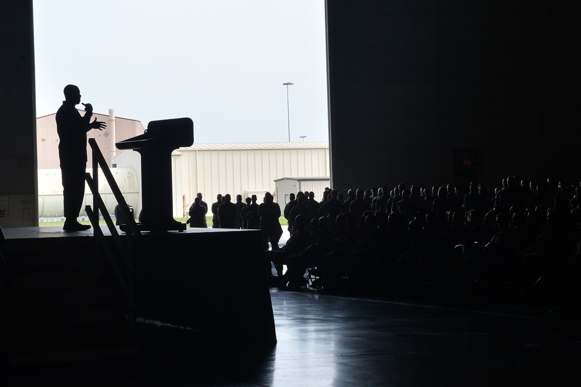 Chief Master Sgt. of the Air Force Kaleth O. Wright speaks to Team Offutt members inside Dock 1 of the Bennie Davis Maintenance Facility on Offutt Air Force Base, Nebraska, Sept. 1, 2017.