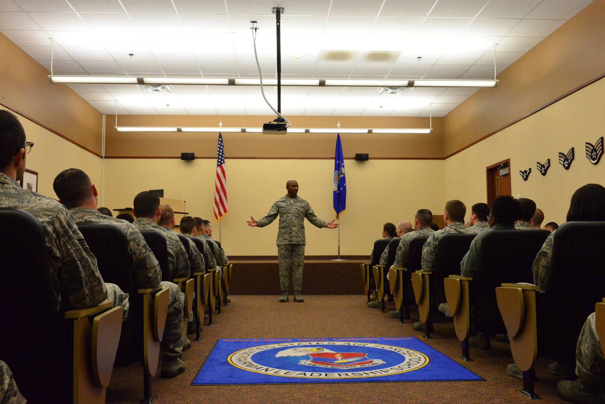 Chief Master Sgt. of the Air Force Kaleth O. Wright addresses students at the James M. McCoy Airman Leadership School at Offutt Air Force Base, Nebraska, Sept. 1, 2016. This was Wright’s first visit to Offutt since becoming chief master sergeant of the Air Force.