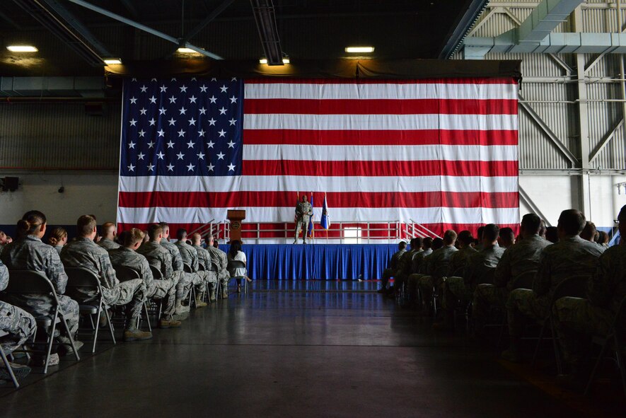 Chief Master Sgt. of the Air Force Kaleth O. Wright addresses Airmen at an all call held in the Bennie Davis Maintenance Facility at Offutt Air Force Base, Nebraska, Sept. 1, 2017. This was Wright’s first visit to Offutt since becoming chief master sergeant of the Air Force.